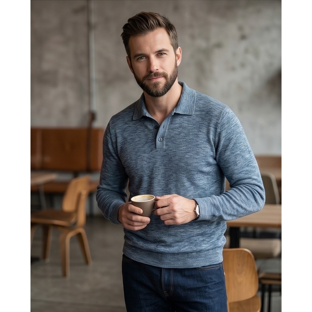 Pronto Uomo Firenze Mens M Wool Polo Sweater Blue Marled Italy *Hole in Seam*